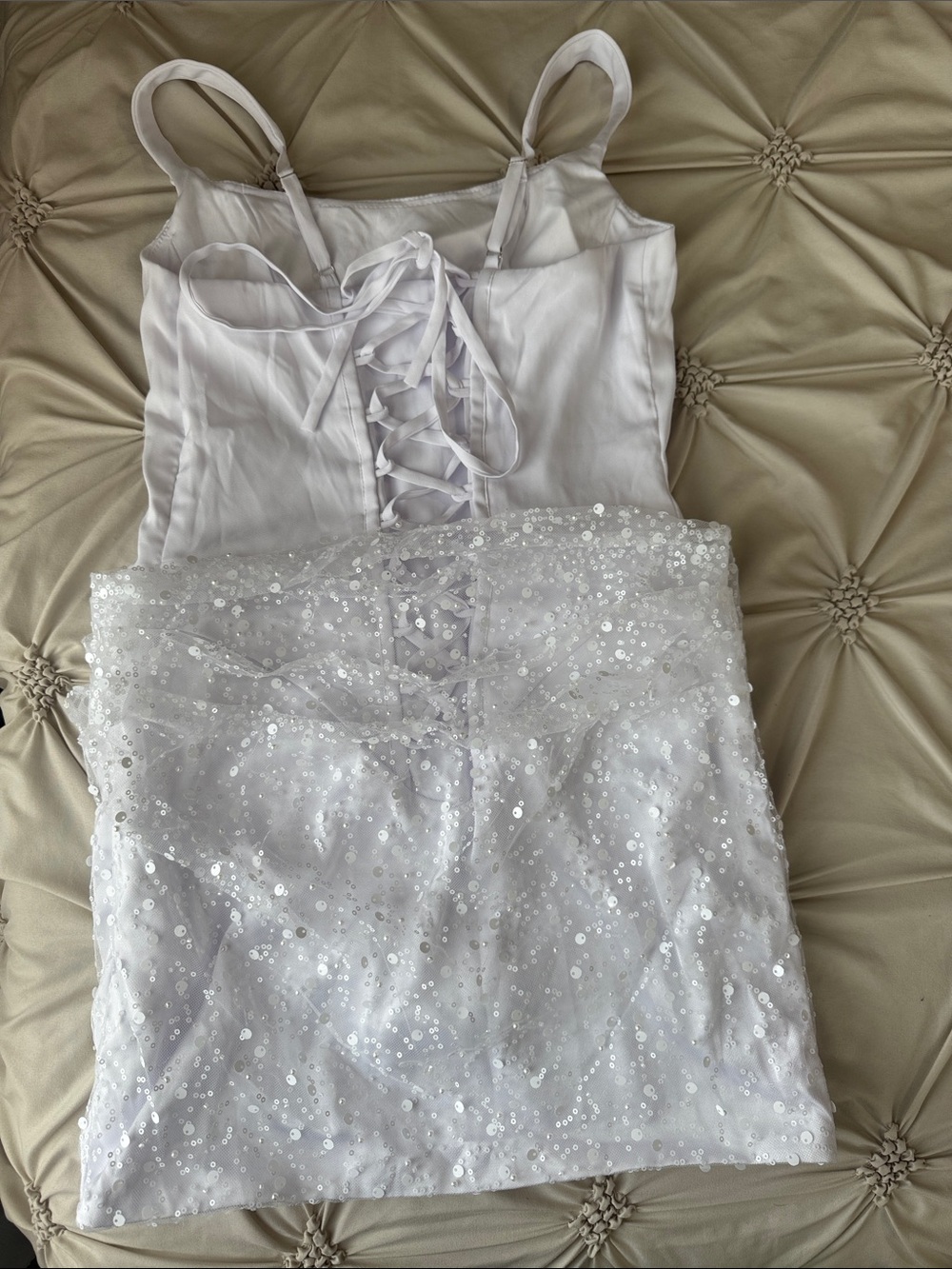 White Sequin Lace-Up Prom Dress